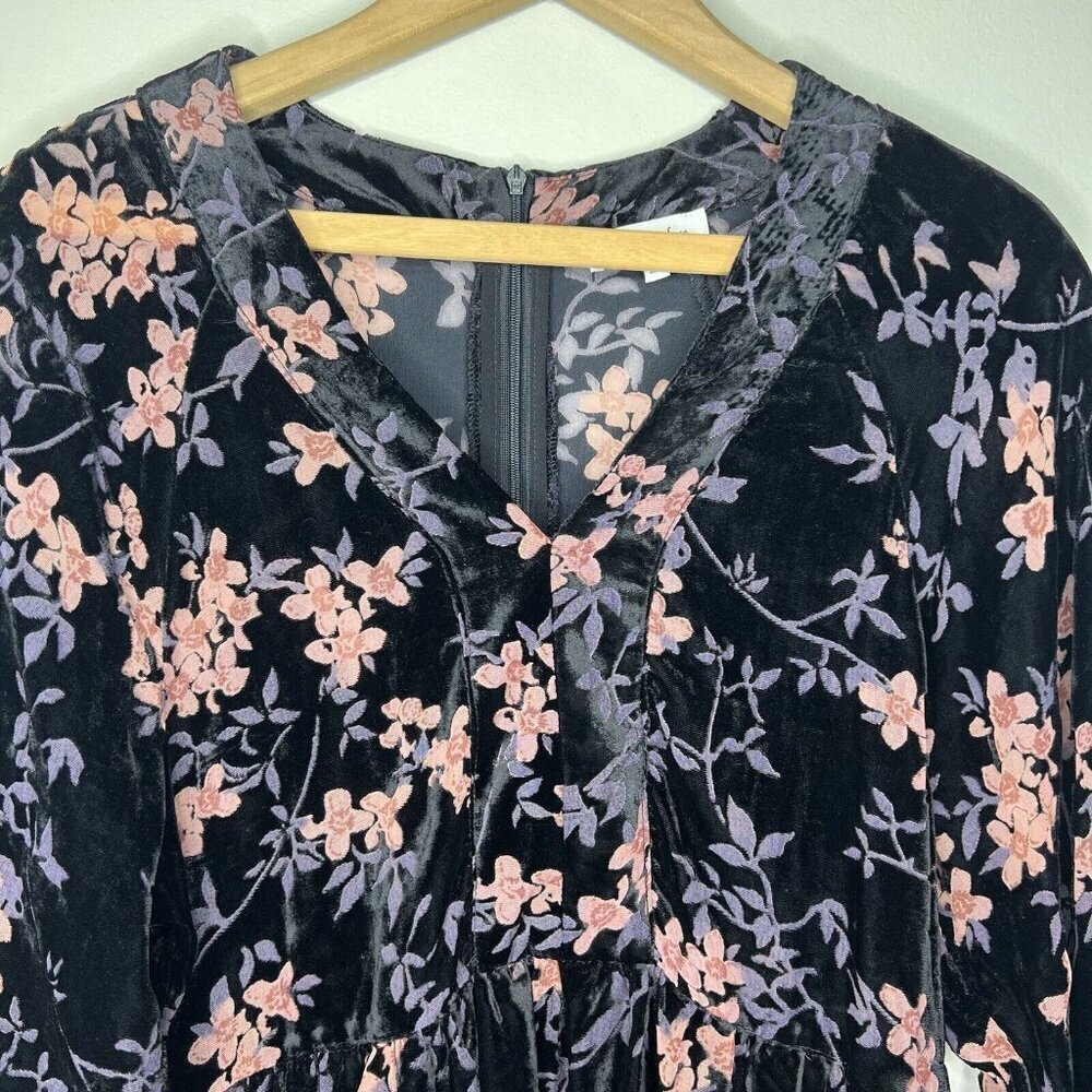 Another Love Velvet Floral Mini Dress Sz S Black Pink balloon sleeves - Picture 2 of 12
